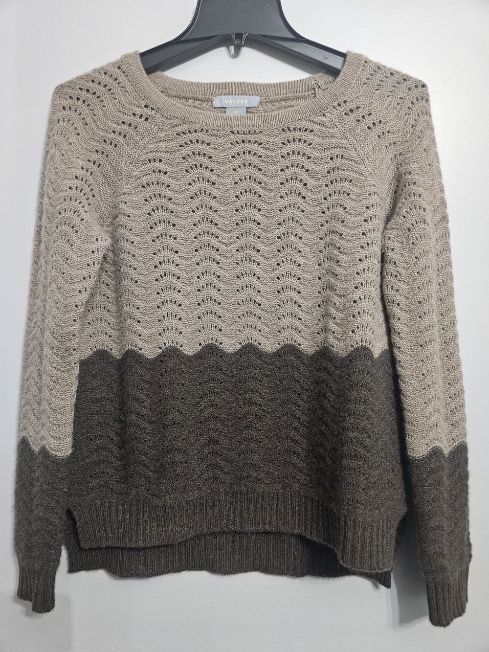 100% Cashmere Hayden Two-Tone Knit Crewneck Sweater in Beige and Olive Sz XS